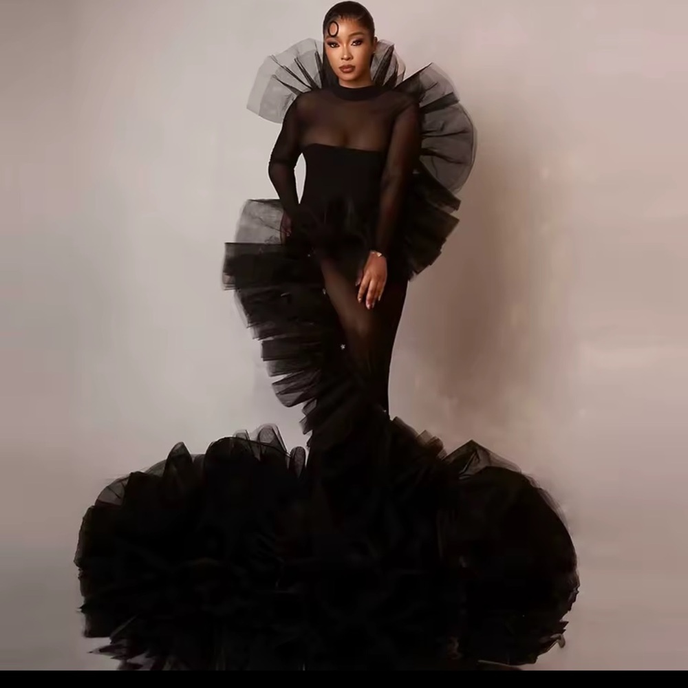 Elegant Black Ruffled Evening Gown